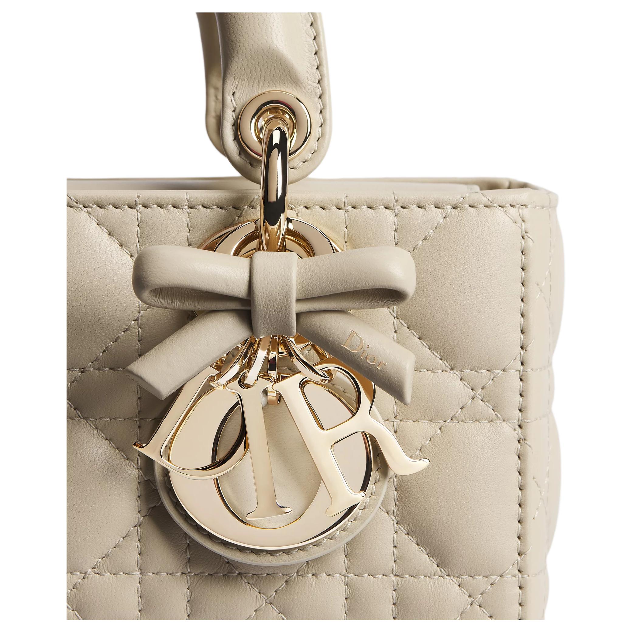 DIOR Lady D-Joy Five-Check Plaid Logo Charm Detachable Leather Bow Sheepskin Diana Bag Crossbody Handbag Mini Women's Camel Beige