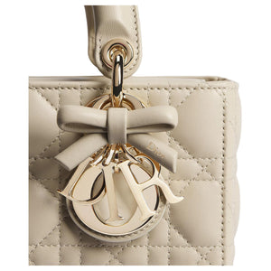 DIOR Lady D-Joy Five-Check Plaid Logo Charm Detachable Leather Bow Sheepskin Diana Bag Crossbody Handbag Mini Women's Camel Beige