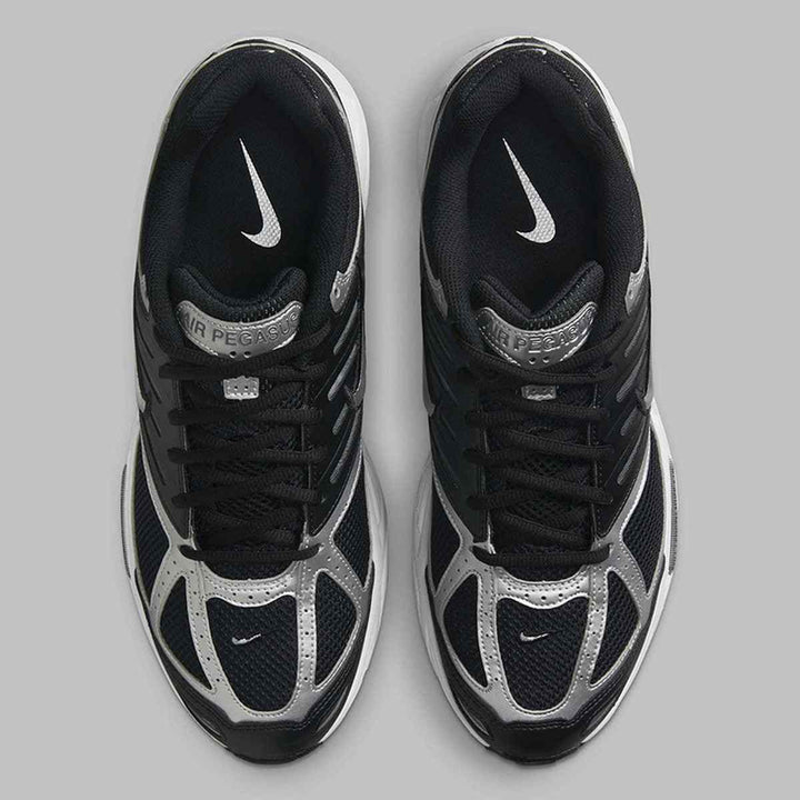 Nike Air Pegasus 2006 black and silver sneakers with mesh design and reflective logo.