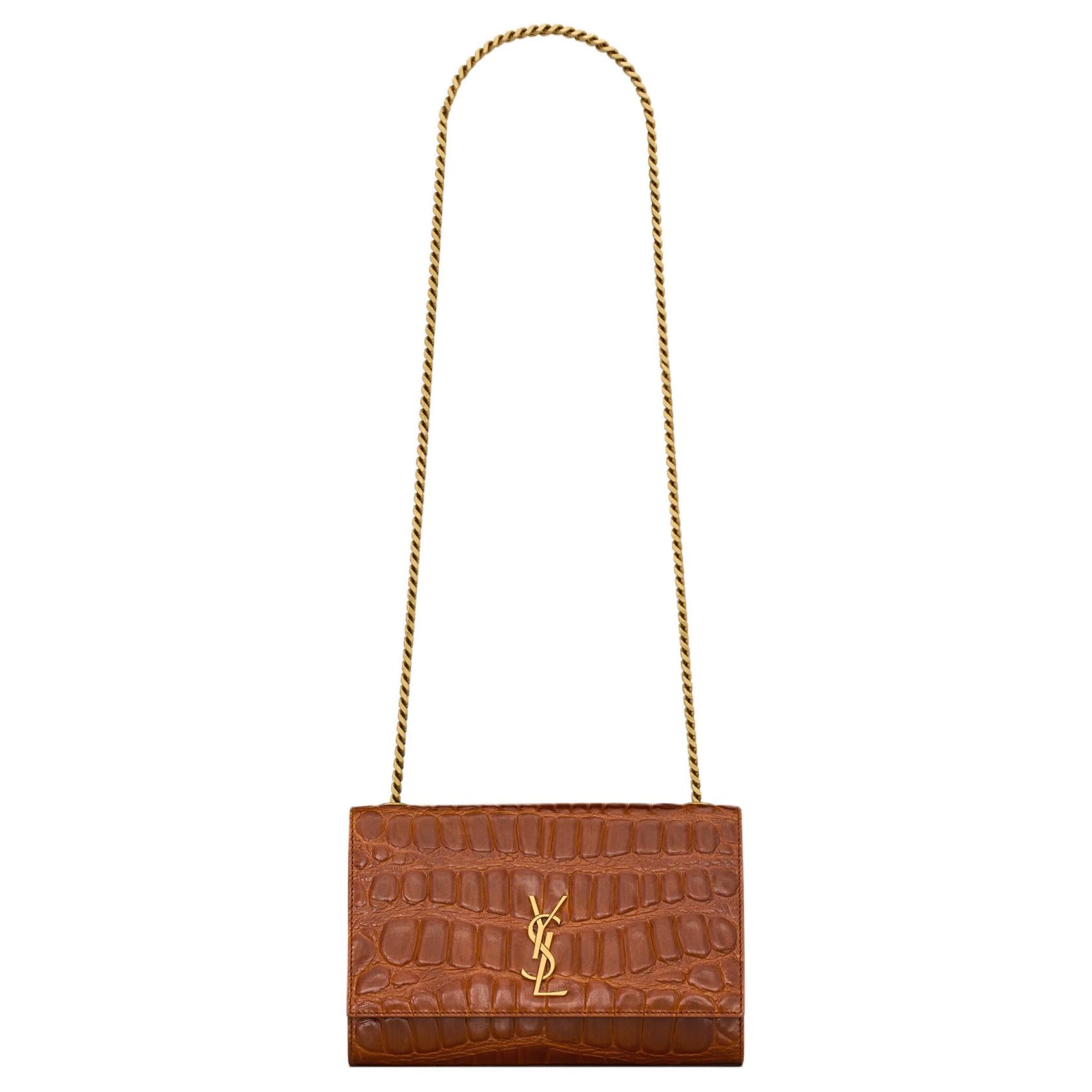 SAINT LAURENT KATE gold-toned logo Chain shoulder strap Bronze hardware Crocodile embossed leather Shoulder bag Small Women's Dark beige