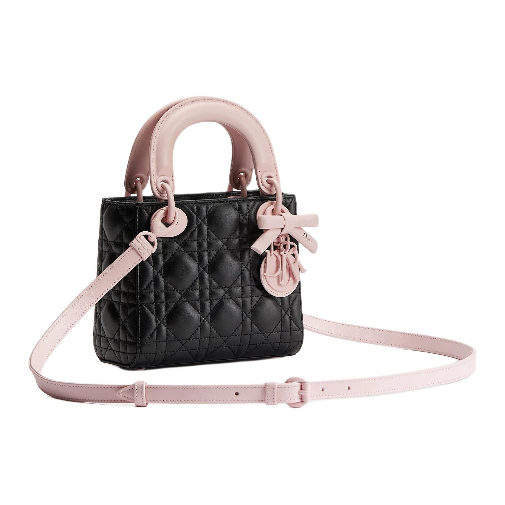 حقيبة يد Lady Dior جلد باللون الأسود والوردي