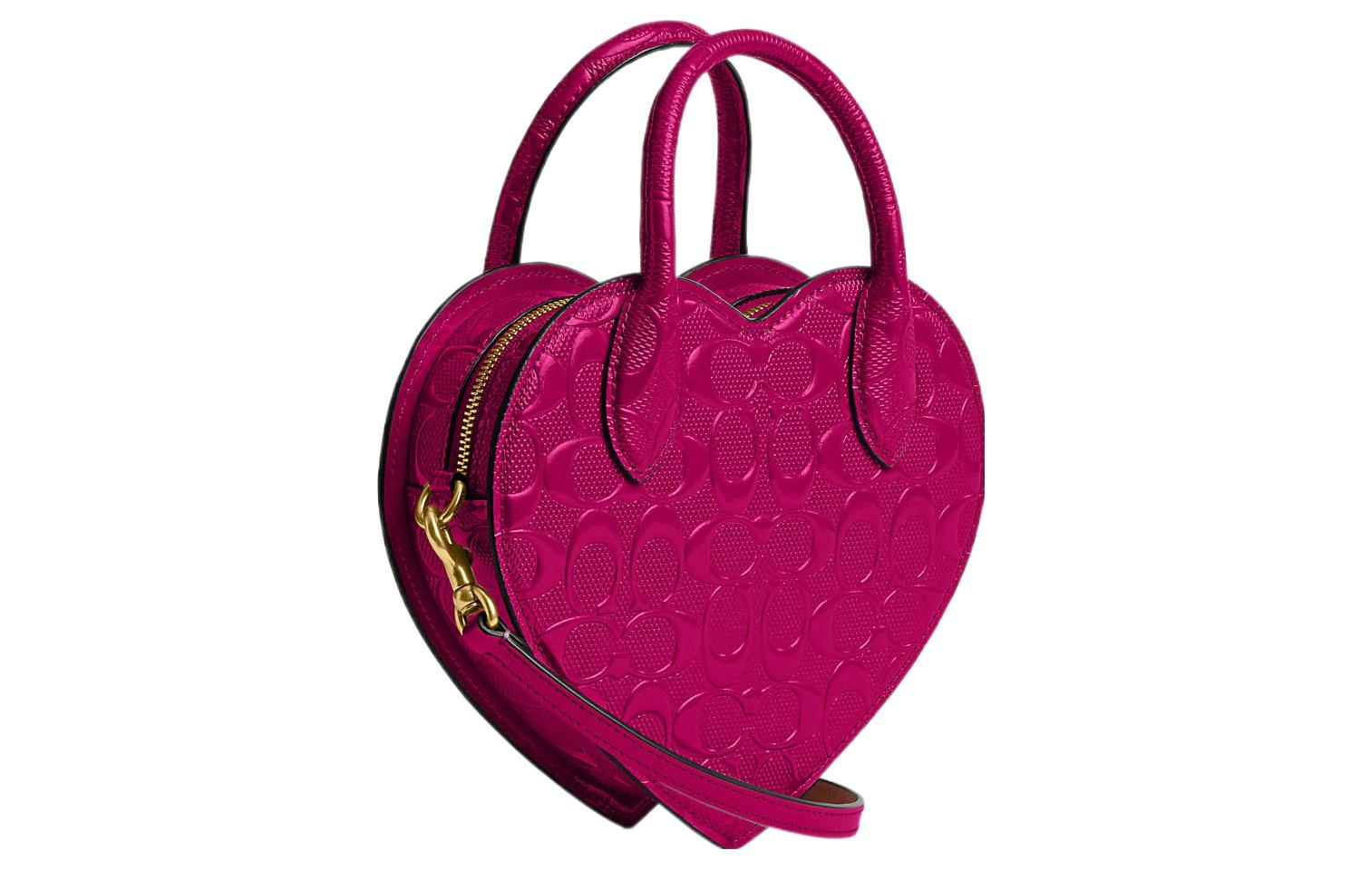 COACH Heart 20 Embossed Letter Logo Zipper Hardware Buckle Card Slot Patent Leather Heart-shaped Handheld Crossbody Single Shoulder Small Women's Pink Red