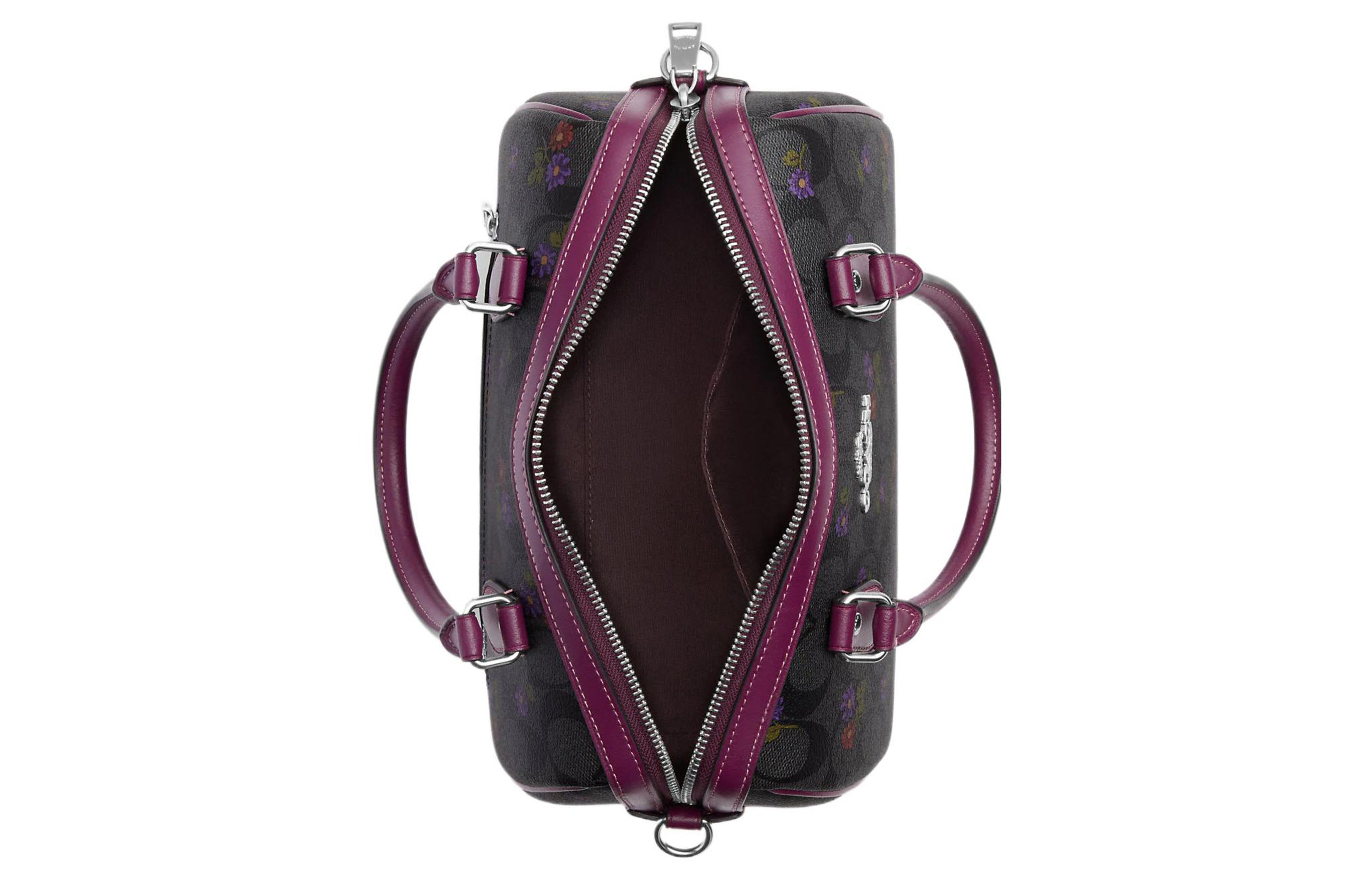 COACH Rowan 25 Signature Floral Print Coated Canvas Leather Single Shoulder Crossbody Handbag Medium Women's Silver Graphite Deep Berry Color