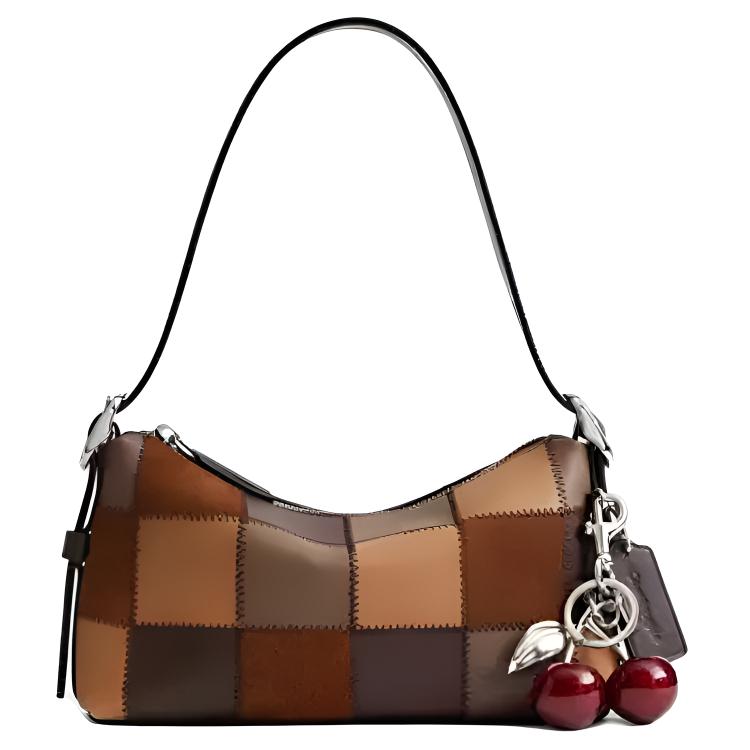 COACH 24 Brand Logo Checkerboard Color Block Design Leather Single Shoulder Bag Medium Women's Tea Color