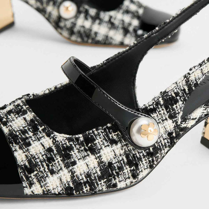 CHARLES&KEITH Mary Jane tweed shoes with wide heel and pearl detail.