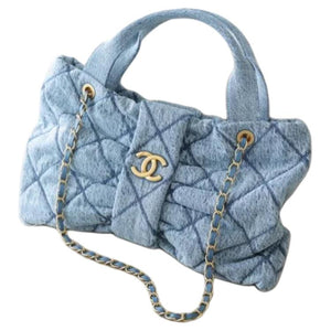 CHANEL Double C Logo Quilted Leather Chain Denim Single Shoulder Handbag Small Women's Blue