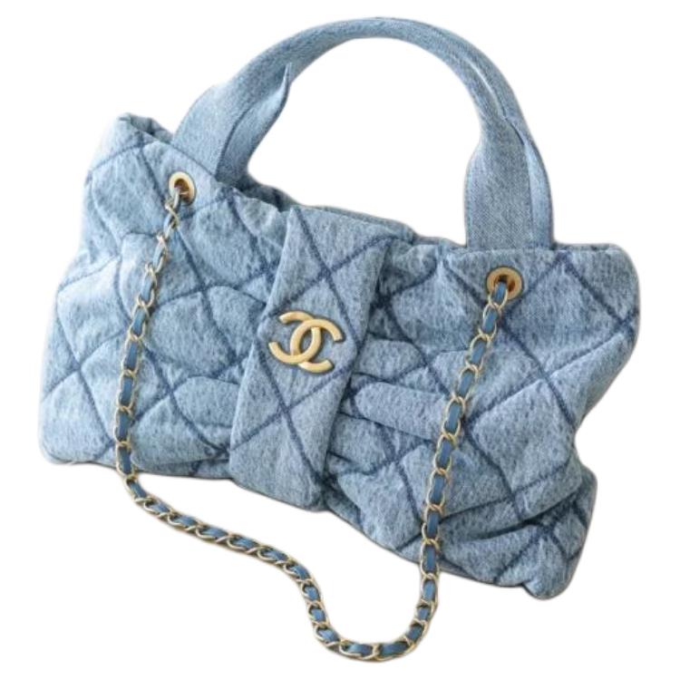 CHANEL Double C Logo Quilted Leather Chain Denim Single Shoulder Handbag Small Women's Blue