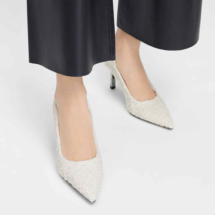 CHARLES&KEITH white tweed mid-heel shoes with classic pointed toe design.