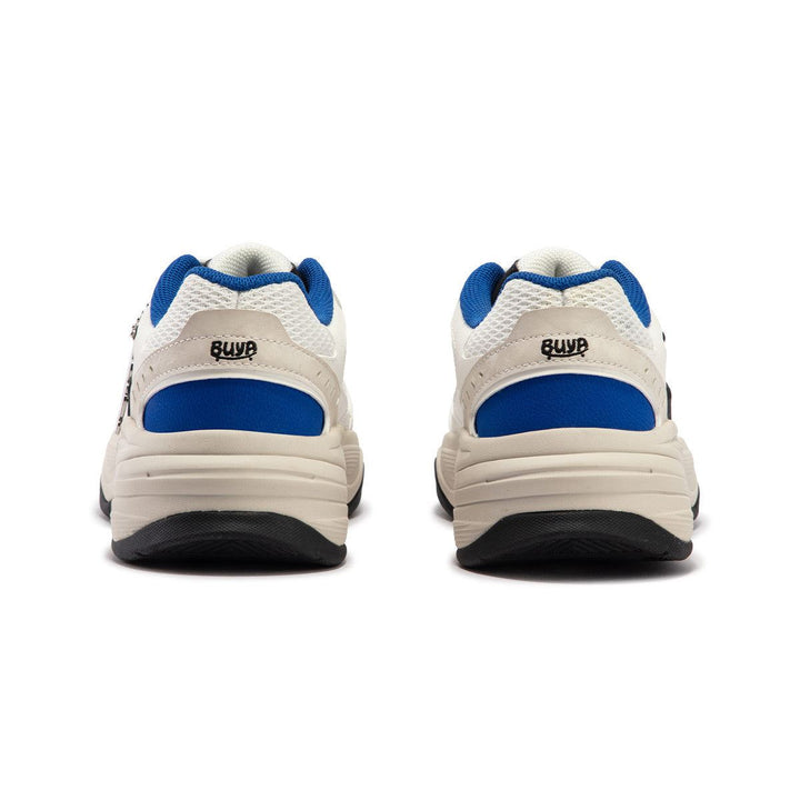 Retro leather men's sports running shoes, 361° brand, blue and white design, back view.