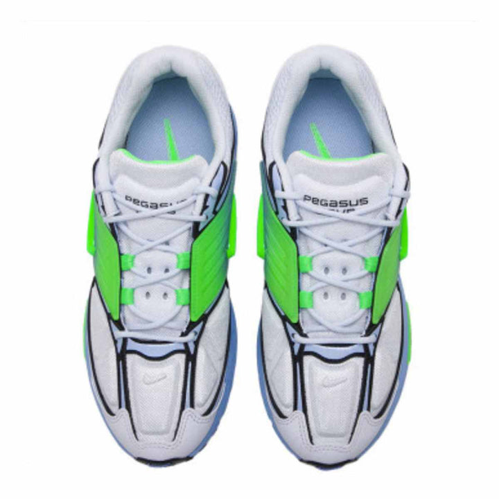 Nike Pegasus sport shoes with futuristic design, featuring full-length Nike Air system, bold green and blue accents, and advanced side support.