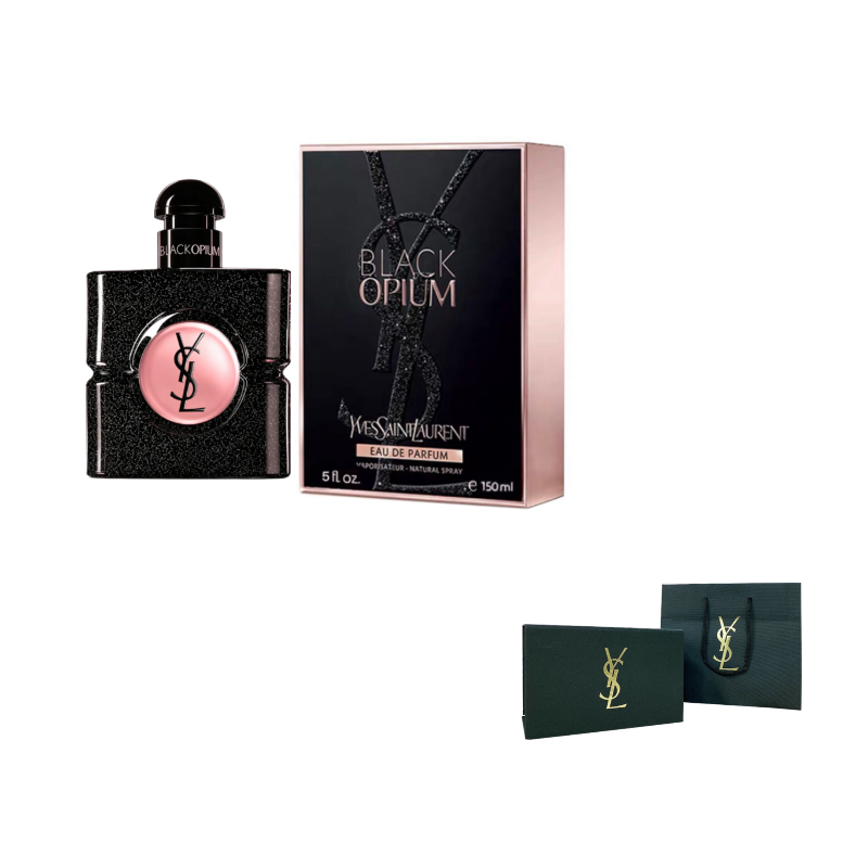 عطر بلاك اوبيوم مع علبتين خضراوين من زاوية مائلة