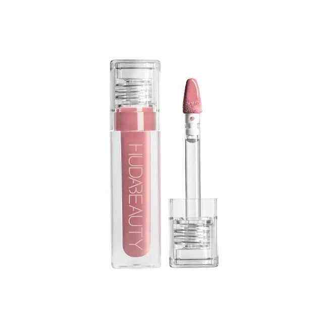 Huda Beauty Lip Gloss Collection soft pink lip gloss with silky texture and glossy finish in clear tube with applicator wand
