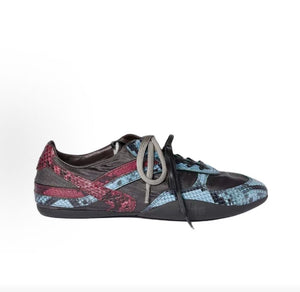 MIU MIU Gymnasium Leather Python Print Round Toe Lace-up Low-top Casual Shoes for Women, Blue
