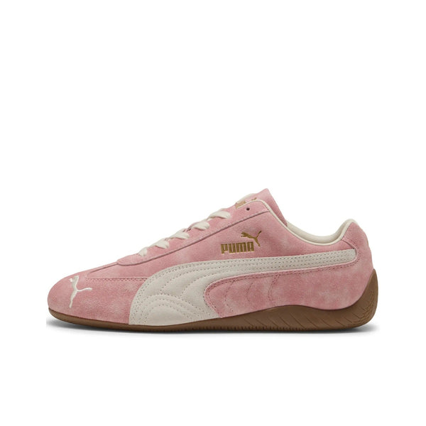 Pink PUMA Palermo OG vintage sneakers with suede upper, ivory side stripe, and gold logo accents