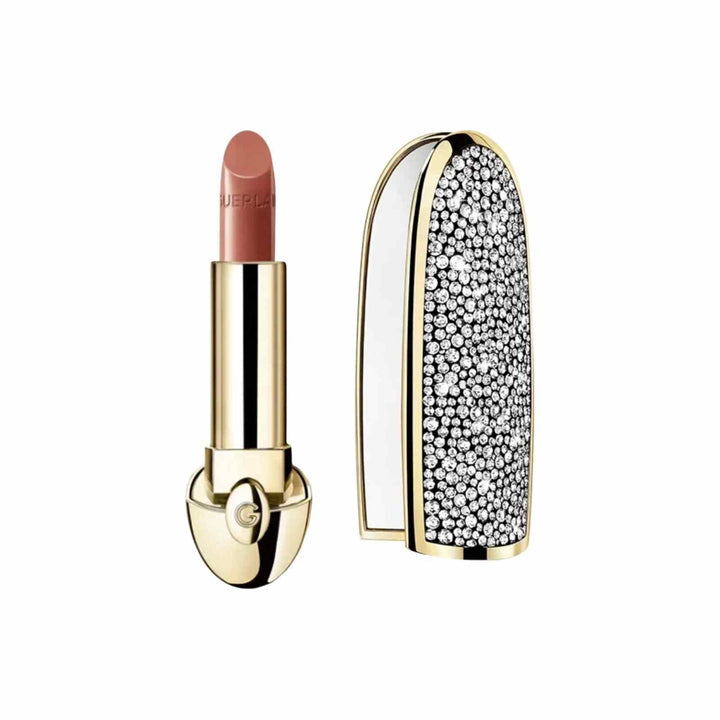 Guerlain Diamond Queen Jewel Lipstick with satin finish in elegant gold casing encrusted with sparkling jewels, rich nude shade.