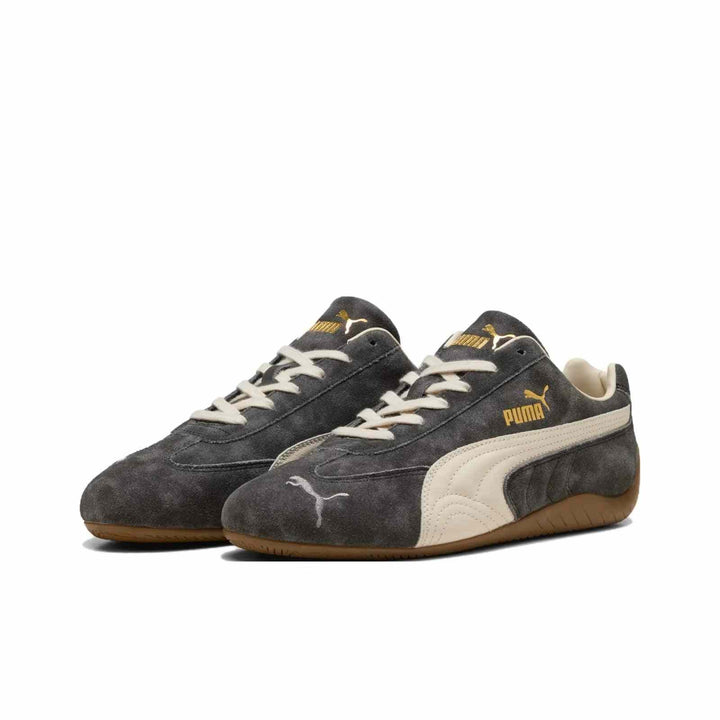 PUMA Palermo OG vintage casual sneakers in asphalt gray suede with whisper white accents and gold logo detailing