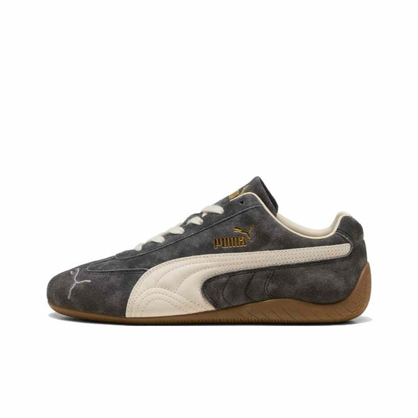 PUMA Palermo OG vintage style suede sneaker in asphalt gray and whisper white with gold logo and gum sole