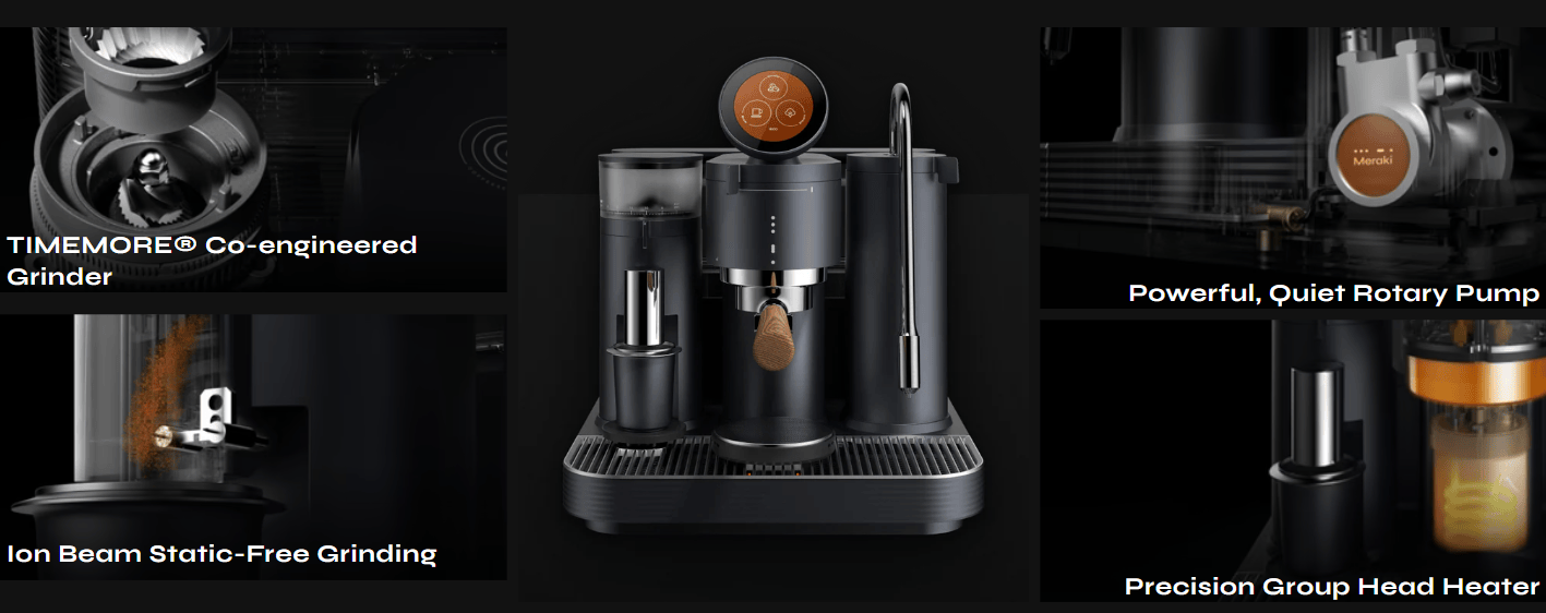 ماكينة Meraki Espresso ذكية مع مطحنة Timemore مدمجة.