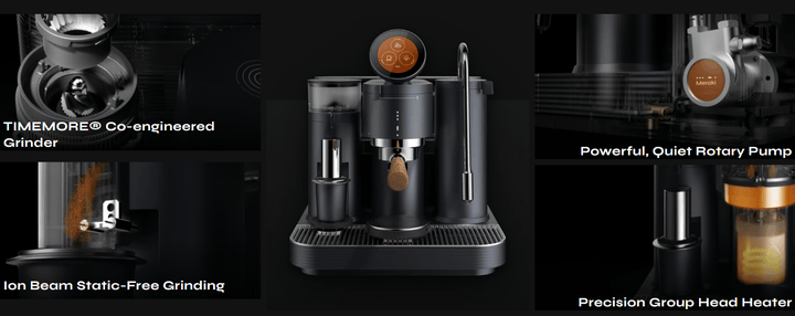 Espresso machine with dual boiler system, precision grinder, and quiet rotary pump.