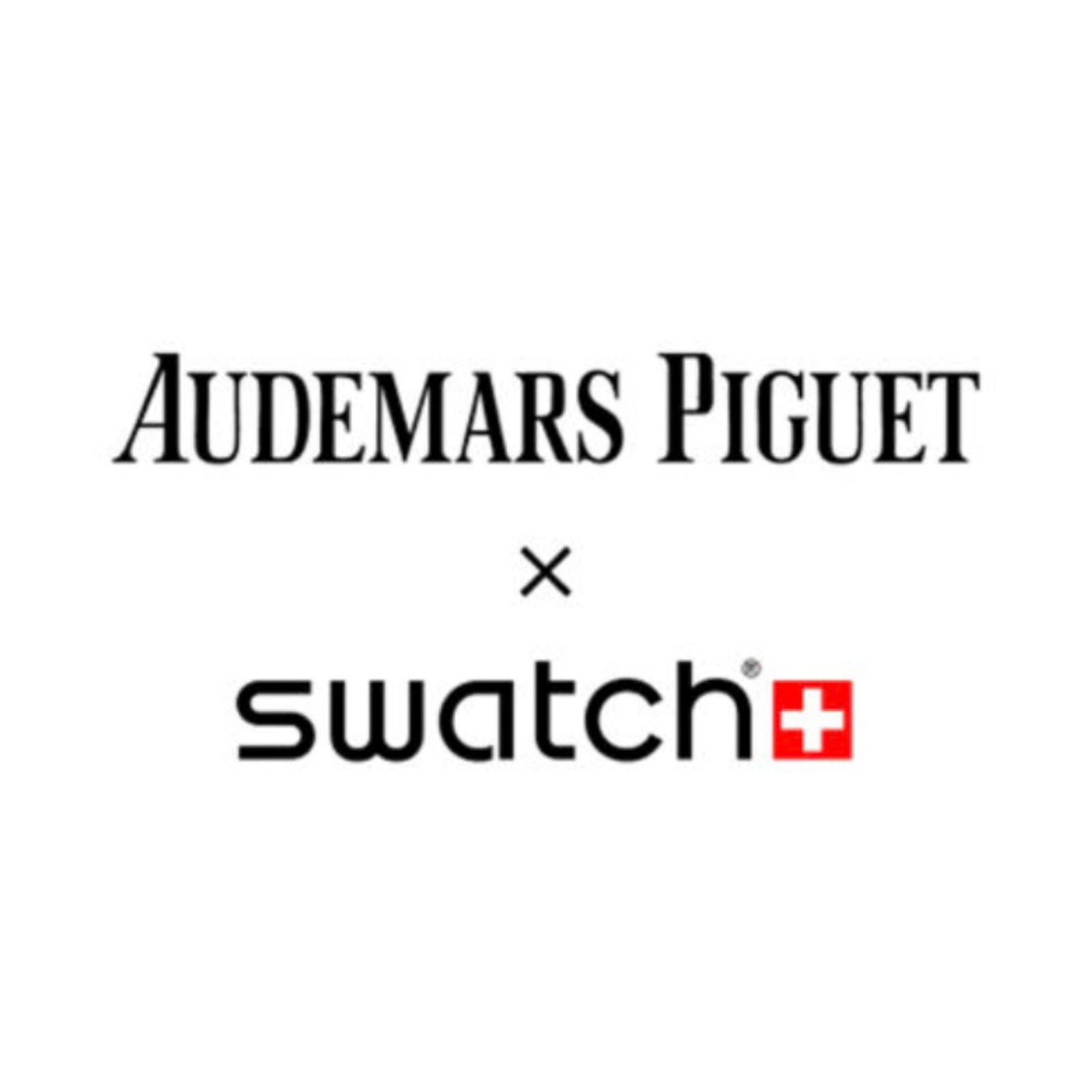 The minimalist official branding logo text displaying Audemars Piguet cross Swatch on a plain white background.