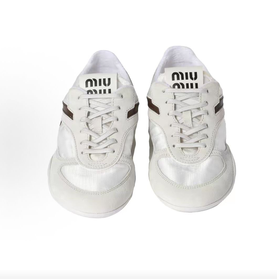 MIU MIU Gymnasium technical fabric logo embossed round toe lace-up low-top casual shoes, 2cm, women's white