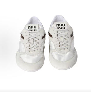 MIU MIU Gymnasium technical fabric logo embossed round toe lace-up low-top casual shoes, 2cm, women's white
