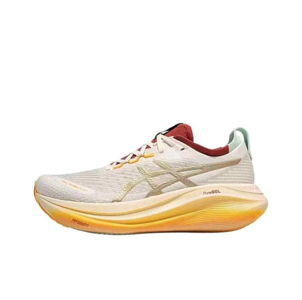 Asics GEL-NIMBUS 27 ivory/red/yellow running shoe with PureGEL™ and FF BLAST™ PLUS ECO technology.