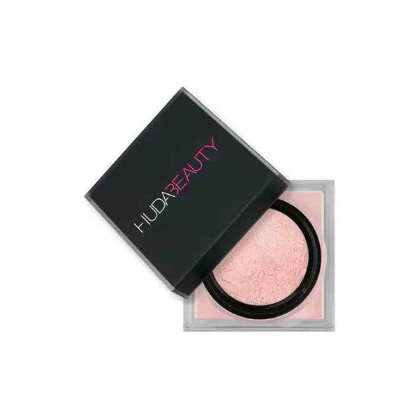 Huda Beauty Easy Bake Loose Powder in light pink shade with black square lid packaging
