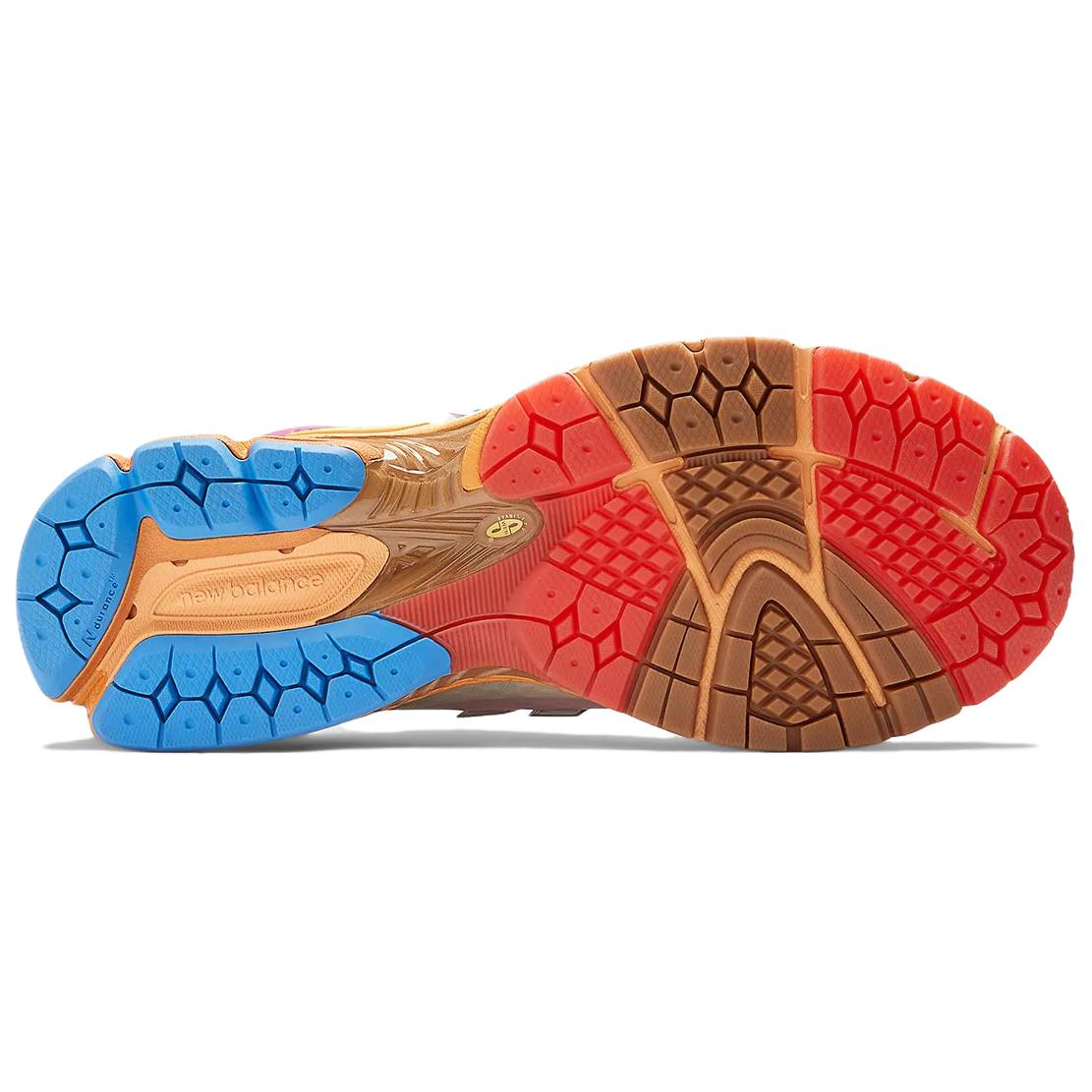 Bottom view of the sole and tread pattern on Action Bronson x New Balance shoes 1906R "Rosewater."