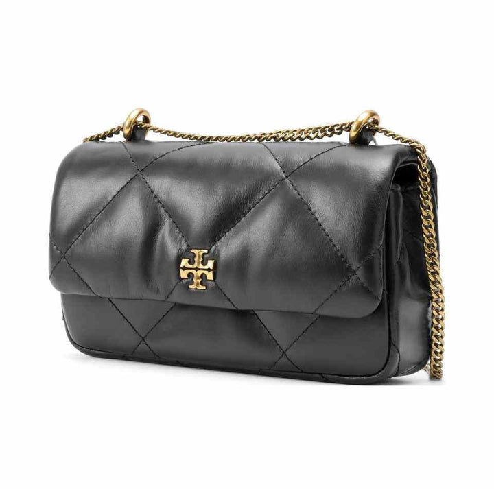 Tory Burch حقيبة كتف كيرا ميني جلد مبطّن أسود بتصميم معينات وحلية معدنية ذهبية.