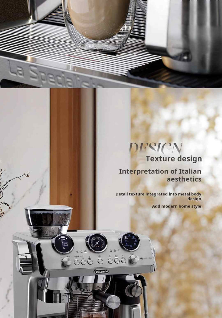 DeLonghi La Specialista EC9885.M espresso machine with integrated grinder, digital controls, and sleek Italian design for professional coffee brewing.