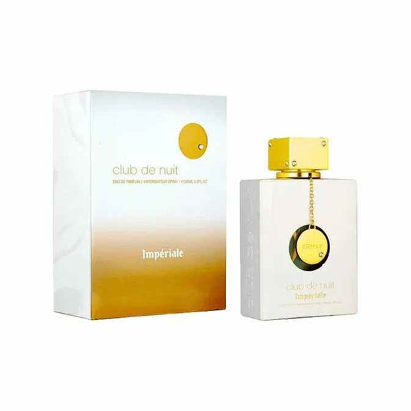 White and gold Club de Nuit Imperiale perfume bottle and packaging for women by Armaf, 105ml, floral fruity fragrance.