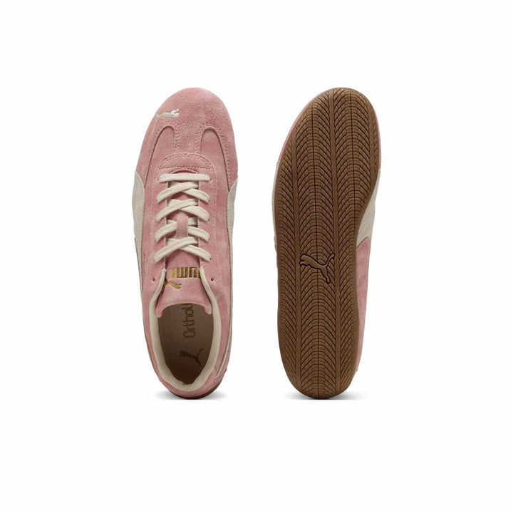 PUMA Palermo OG women's pink suede sneakers with ivory accents and gold logo, rubber sole, and Ortholite insole for comfort.