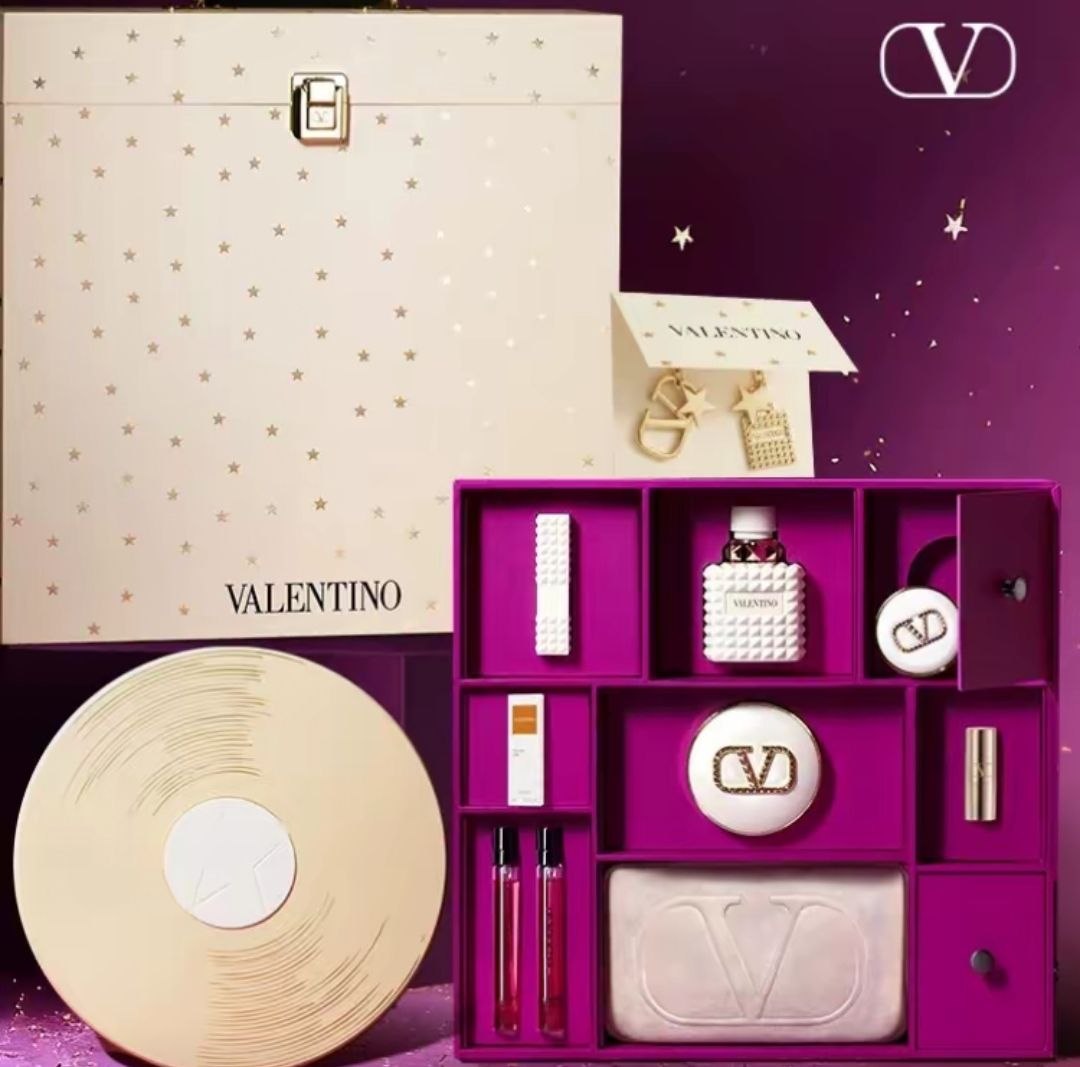 Valentino 520 Countdown All-Star Limited Edition Gift Set, Pure White Record Box, Lipstick Cushion, Perfume Blind Box, Eau de Parfum, Flower