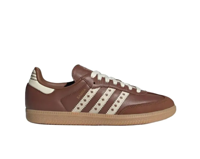 Adidas Samba brown and white leather sneaker with star-patterned stripes and caramel rubber sole for men and women