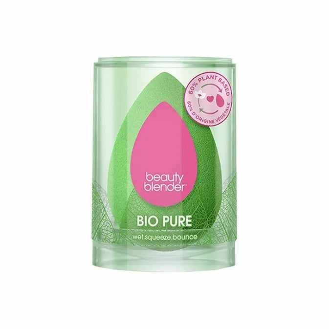 Huda Beauty Beautyblender Original & Bio Pure Sponge in green with eco-friendly plant-based formula in clear packaging