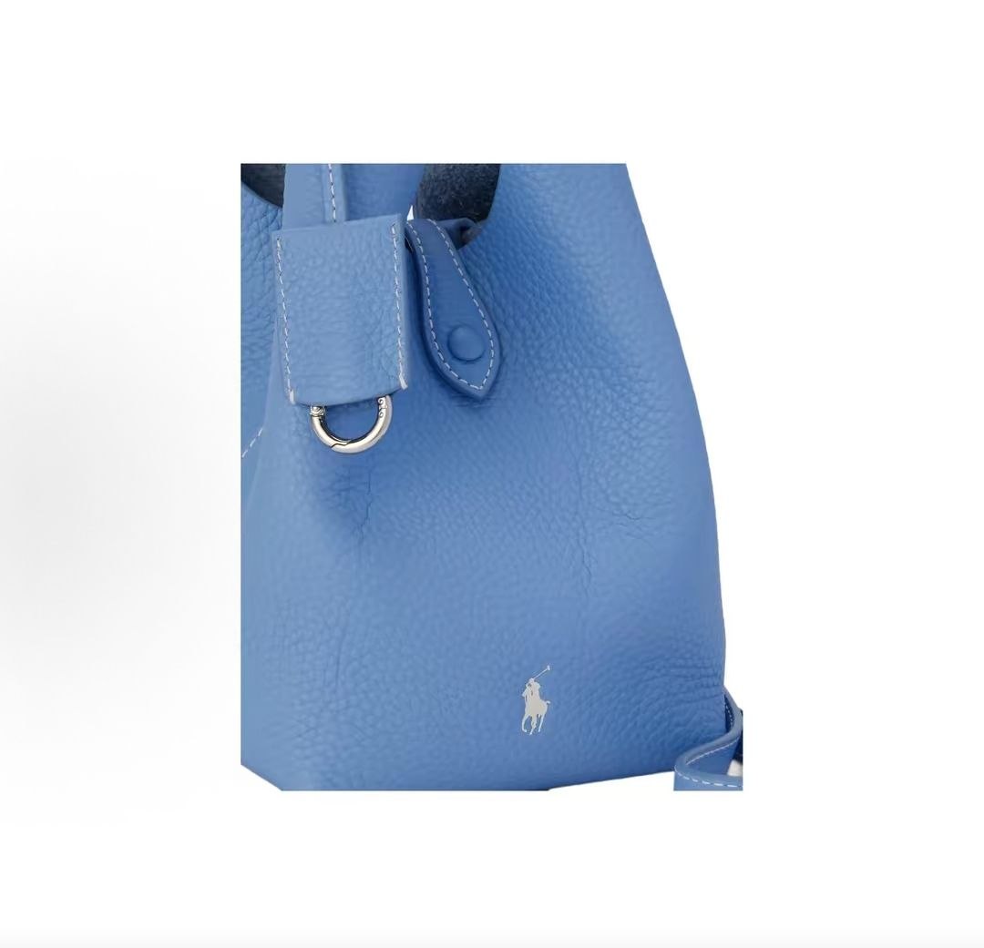 Ralph Lauren Polo Play Iconic Brand Carved Hardware Detachable Crossbody Strap Leather Basket Handbag Small Size Women's Baby Blue
