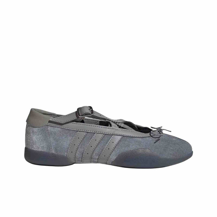 Grey Adidas Ballet Flats with shiny upper, leather details, crossed straps, and flexible sole