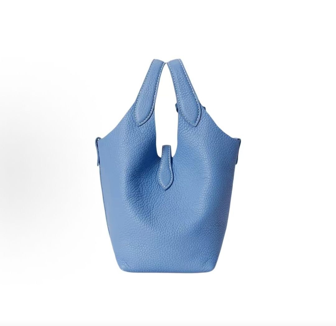 Ralph Lauren Polo Play Iconic Brand Carved Hardware Detachable Crossbody Strap Leather Basket Handbag Small Size Women's Baby Blue