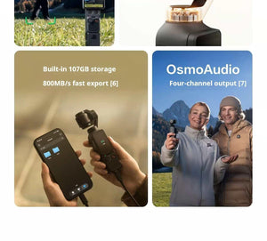 Infographic displaying the smartphone connectivity, internal storage options, and OsmoAudio microphone support for the DJI Osmo Pocket 4.