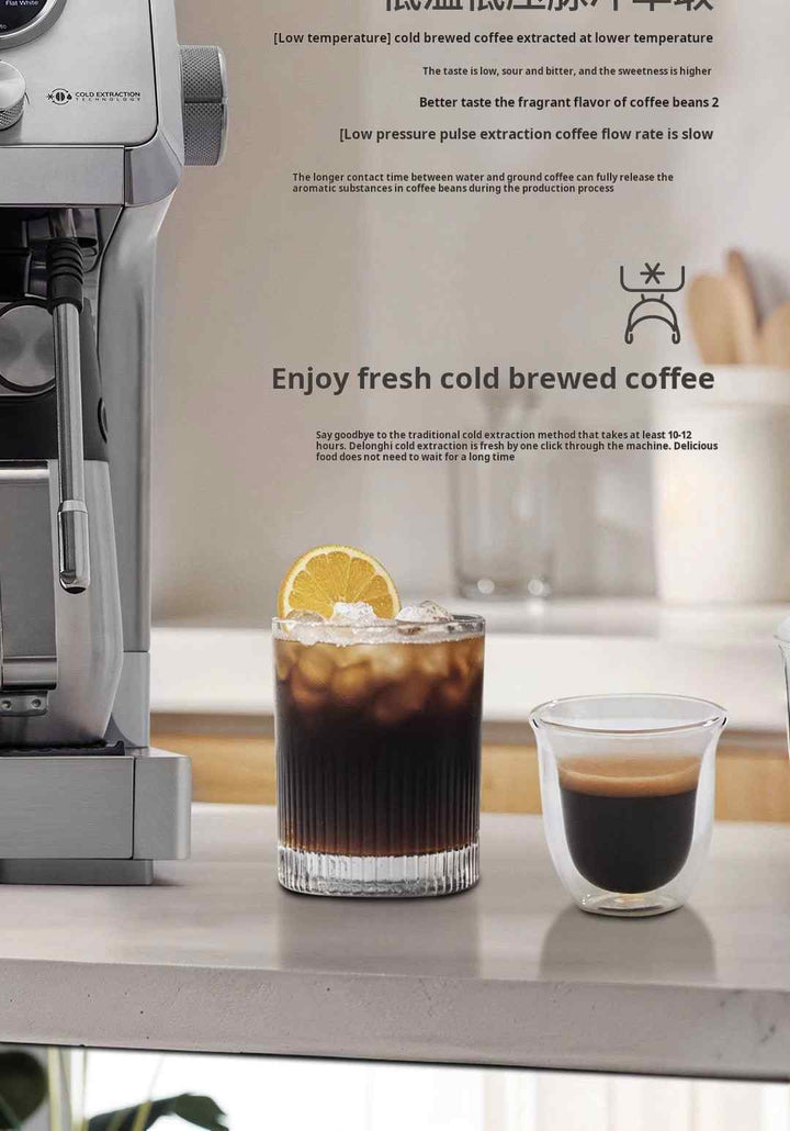 DeLonghi La Specialista EC9885.M espresso machine with cold brewed coffee and espresso cups on countertop