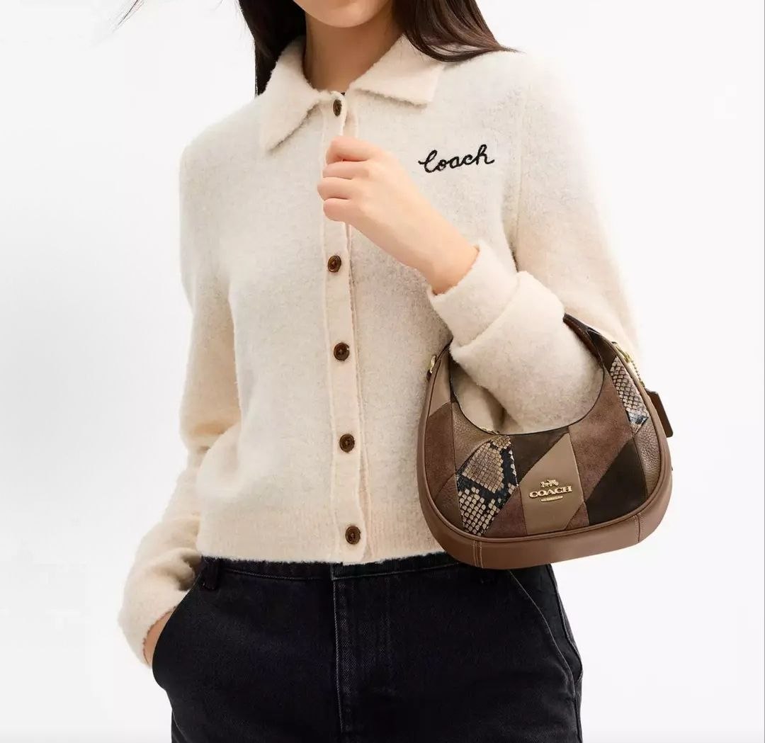 COACH Carmen 20 Patchwork Design, Silver Logo, Leather Handbag, Small Size, Women's, Mushroom Brown. Global Shopping