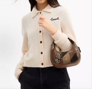 COACH Carmen 20 Patchwork Design, Silver Logo, Leather Handbag, Small Size, Women's, Mushroom Brown. Global Shopping