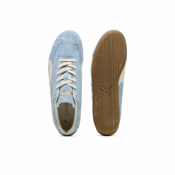 PUMA Palermo OG casual sneakers in blue skies suede with whisper white classic stripes and brown rubber sole