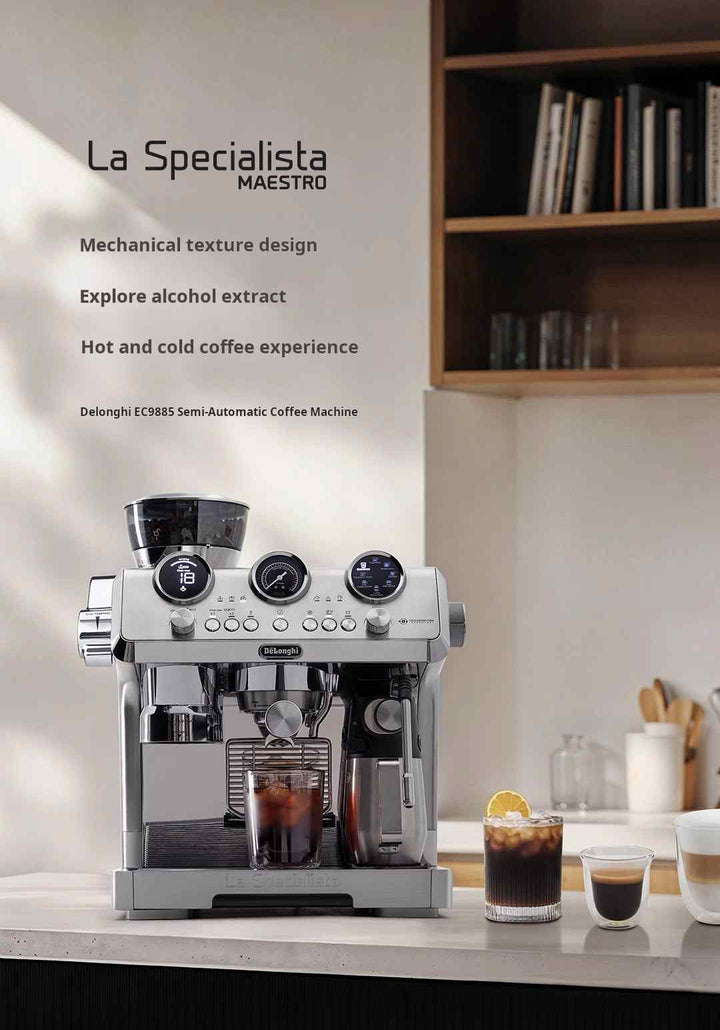 DeLonghi La Specialista EC9885.M coffee machine with built-in grinder, My Latte Art system, and multi-display controls for espresso and latte art.