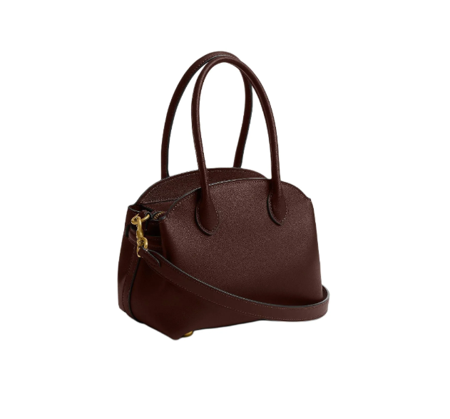 COACH Empire Carryall 21 حقيبة جلد بني داكن بتصميم أنيق مع لمسات ذهبية وحزام كتف قابل للإزالة