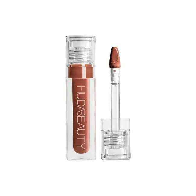 Huda Beauty Lip Gloss Collection shiny nude brown lip gloss with applicator wand in clear packaging
