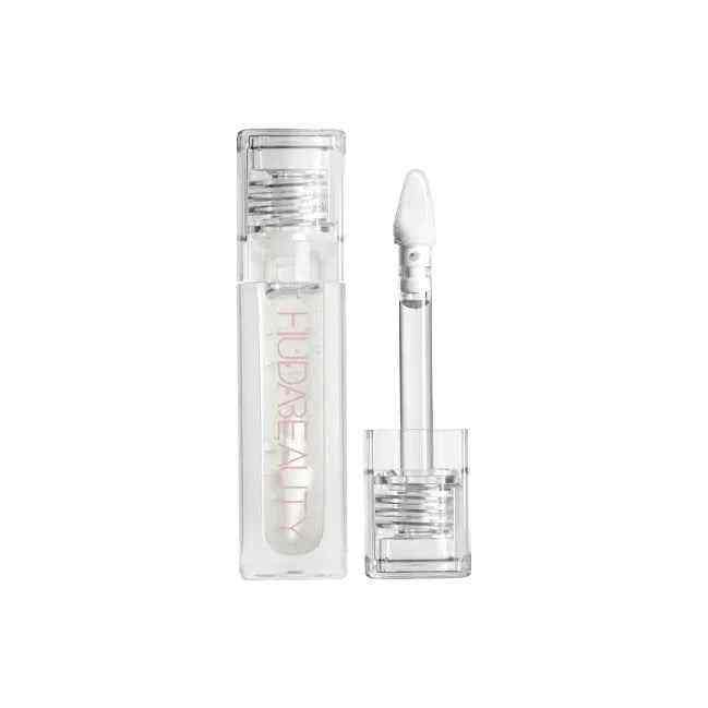 Huda Beauty Lip Gloss Collection clear gloss with sleek transparent packaging and applicator wand