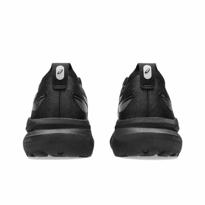 Rear view of GEL-KAYANO 31 shoes in black with a focus on stability and comfort.