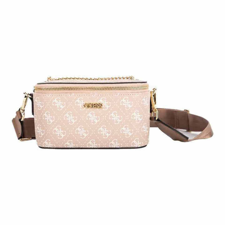 Luxury GUESS makeup bag with classic logo print, detachable strap, and elegant design.